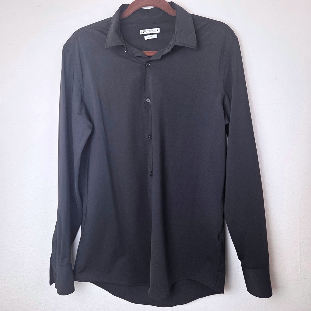Zara Men Slim Fit Long Sleeve Button Down Shirt‎ Black Size M 4376/319/800
